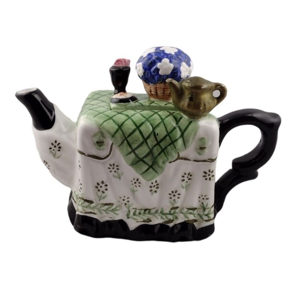 VTG Teapot Table Tea Cart Floral Hand Painted Crazing Houston Harvest Gift READ